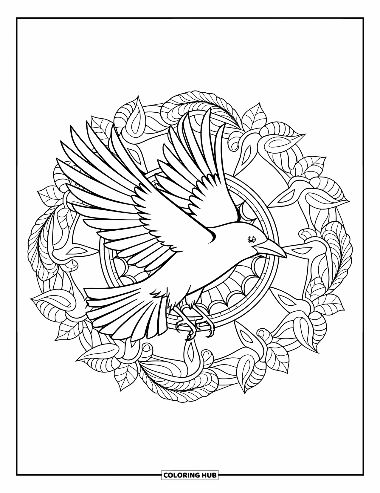 Crow Coloring Page for Adults: A crow in flight is surrounded by a mandala of leaves, vines, and soft feathers