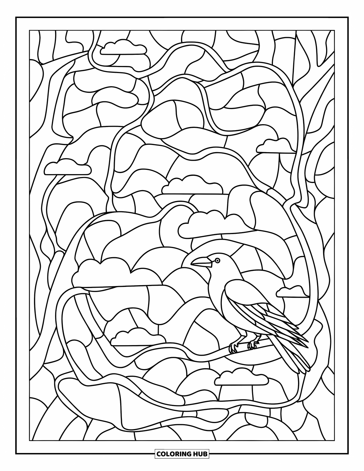 Crow Coloring Page for Adults: A crow perches on a twisting branch in a stained glass design of clouds and trees