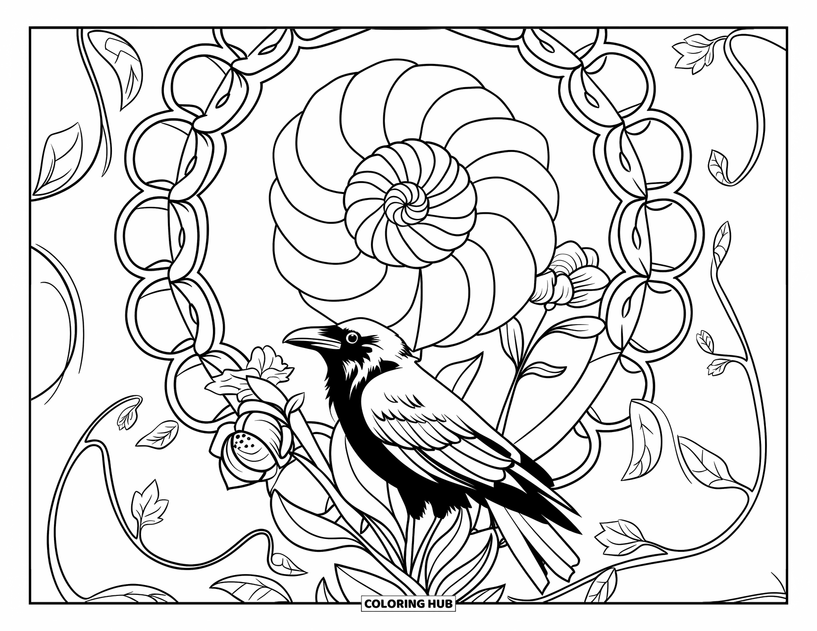 Crow Coloring Page for Adults: A crow rests at the base of a giant flower surrounded by floral mandala vines