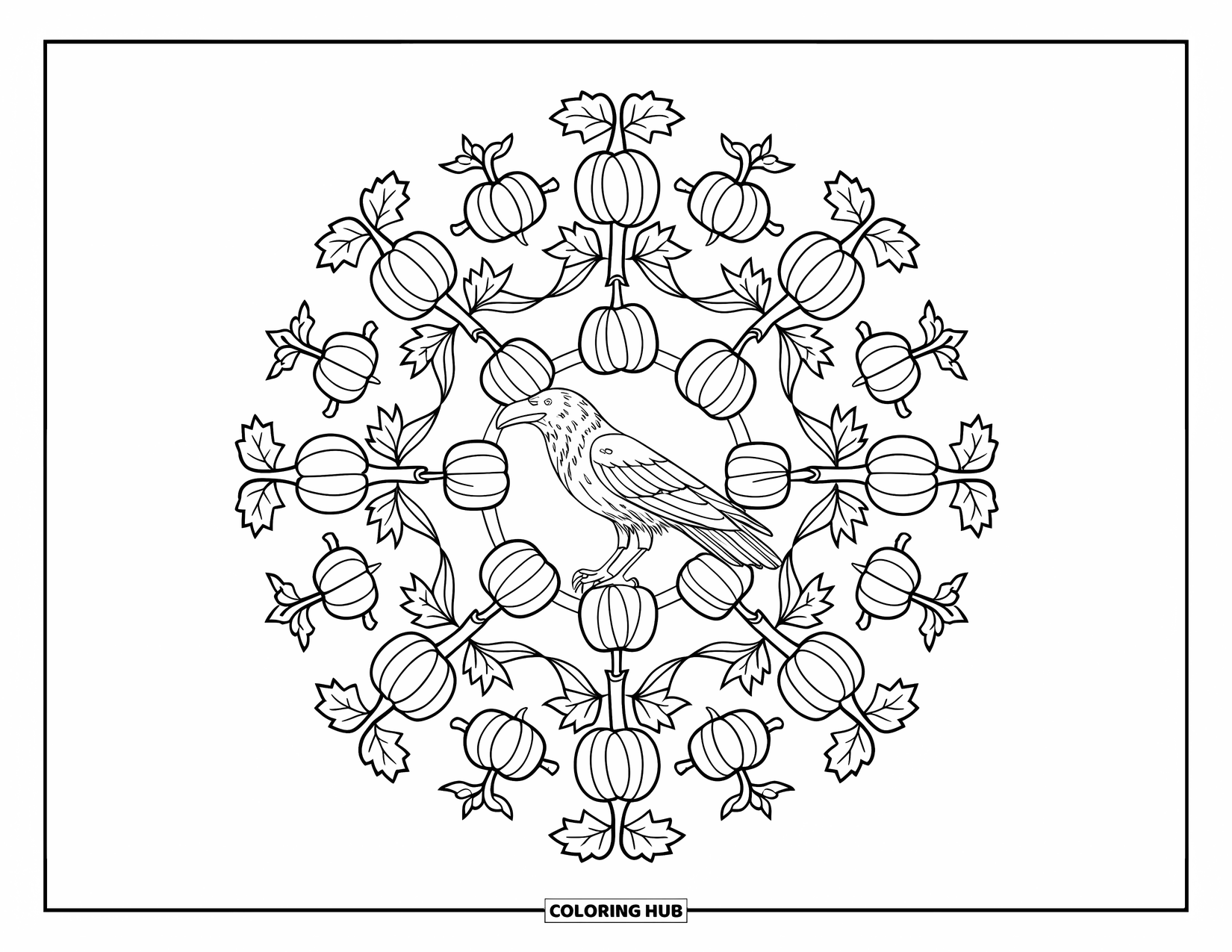 Crow Coloring Page for Adults: A crow sits in a mandala of pumpkins, branches, and autumn leaves