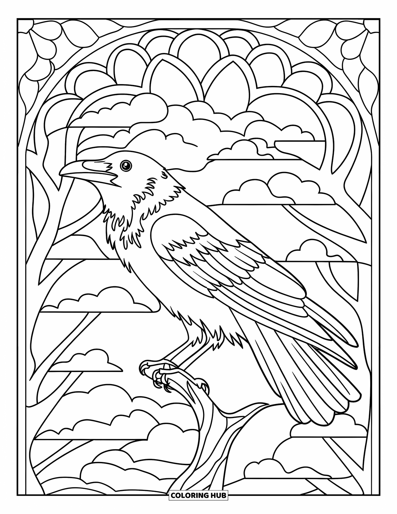 Crow Coloring Page for Adults: A crow sits on a twisting branch with a stained glass forest of trees and clouds