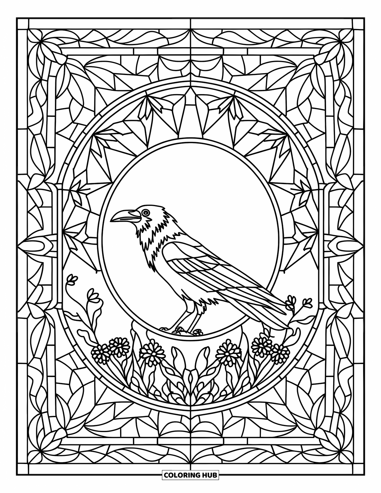 Crow Coloring Page for Adults: A crow stands in a stained glass frame filled with wildflowers and leafy designs