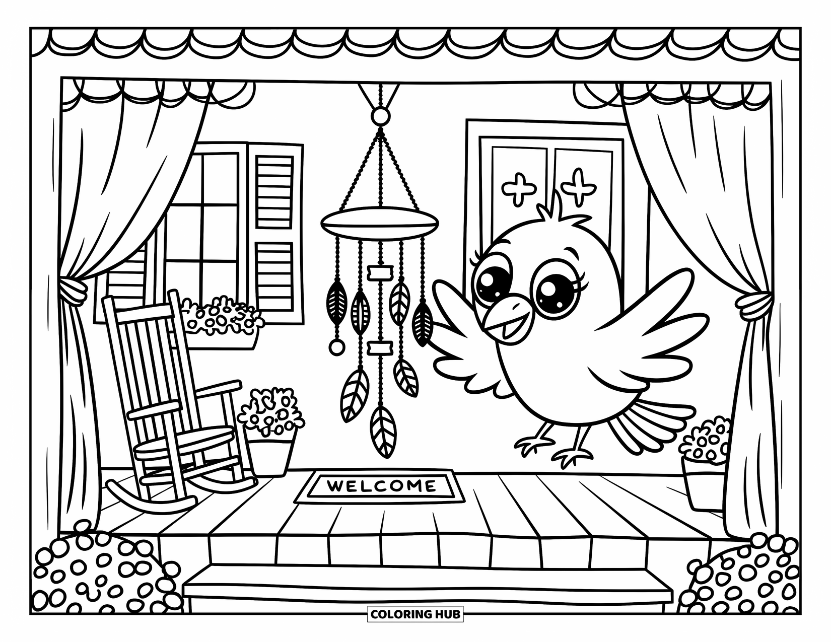 Crow Coloring Page for Adults: A cute crow flaps beside a wind chime as porch curtains flutter and plants sway