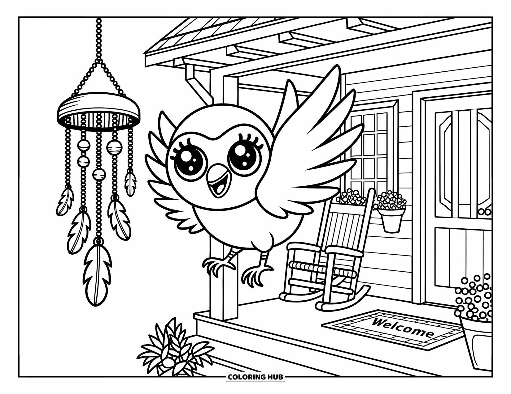 Crow Coloring Page for Adults: A kawaii crow flutters by a porch wind chime near a cozy cottage and plants