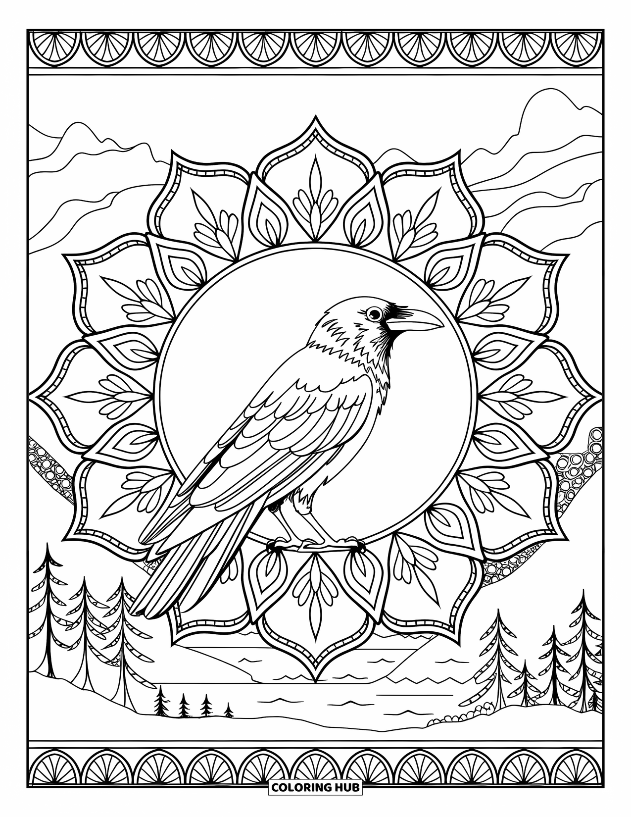 Crow Coloring Page for Adults: A perched crow sits peacefully in the middle of floral mandala petals and nature scenery