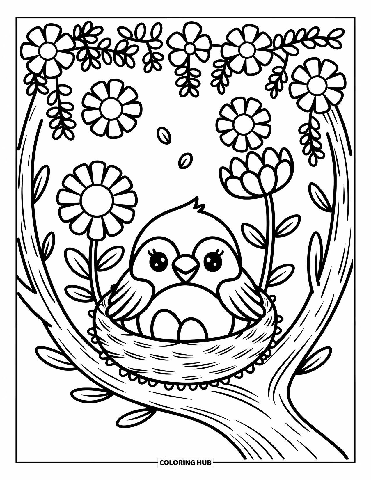 Crow Coloring Page for Adults: A sweet crow huddles under a mushroom surrounded by raindrops, grass, and a paper boat
