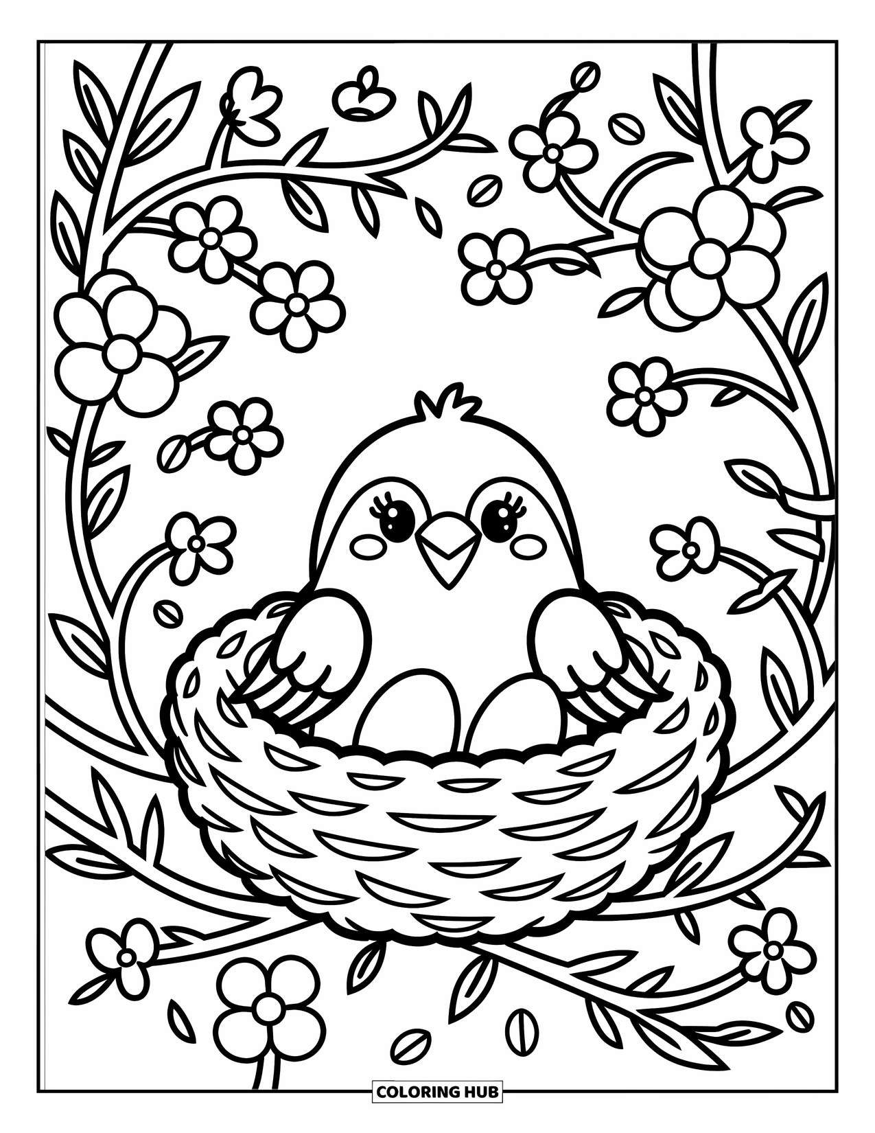 Crow Coloring Page for Adults: A tiny crow peeks from under a mushroom while ripples and a boat drift in puddles