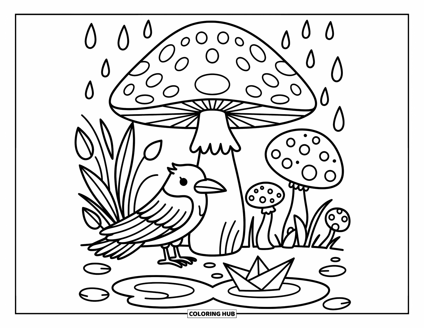 Crow Coloring Page for Adults: A tiny crow stays dry under a giant mushroom as raindrops fall all around