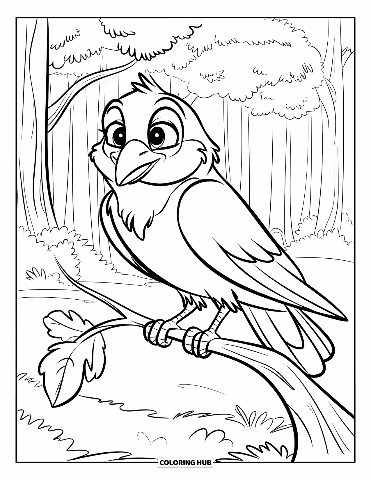 Crow Coloring Page for Kids: A big-eyed crow sits on a bending branch with one simple leaf