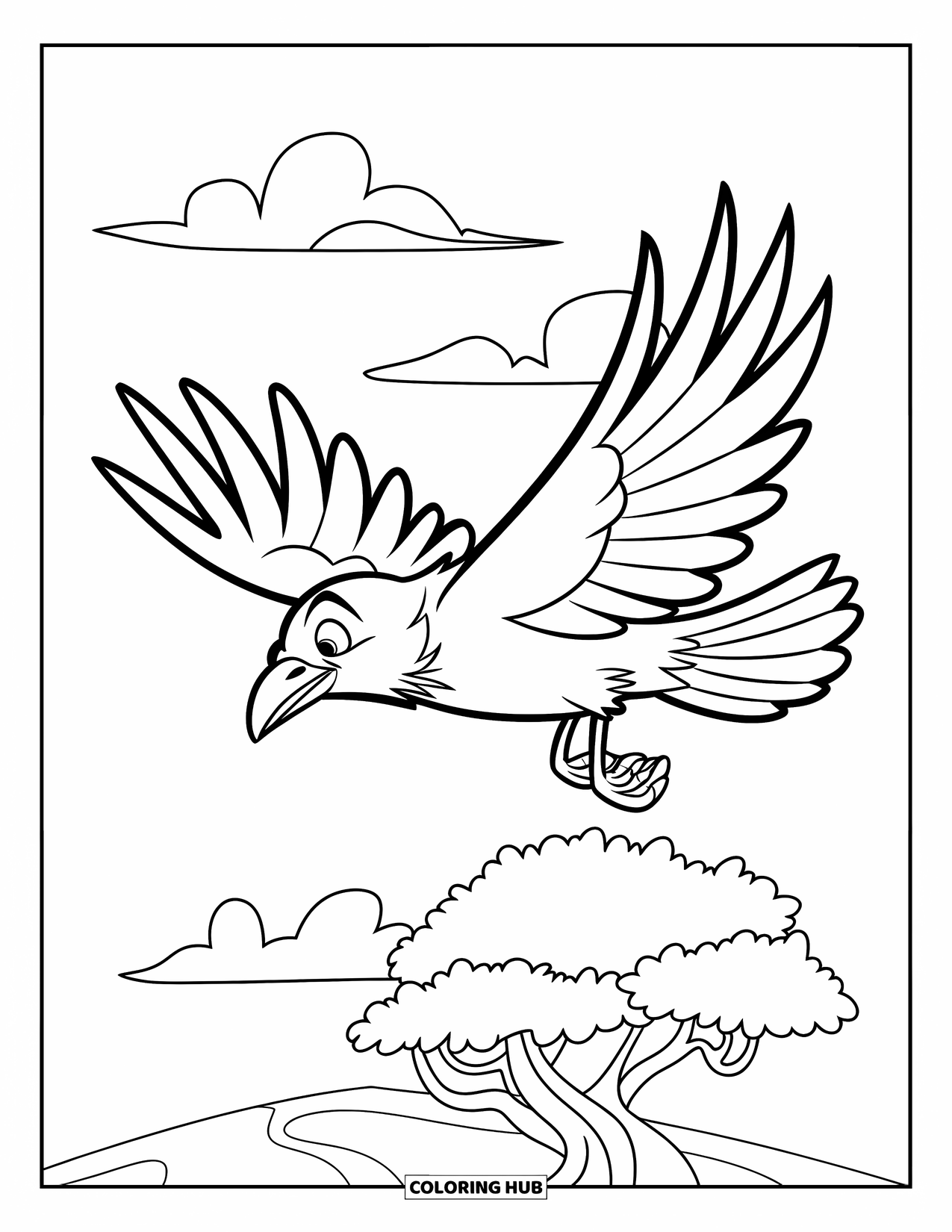 Crow Coloring Page for Kids: A bold crow flies high in the sky above a tree and big clouds