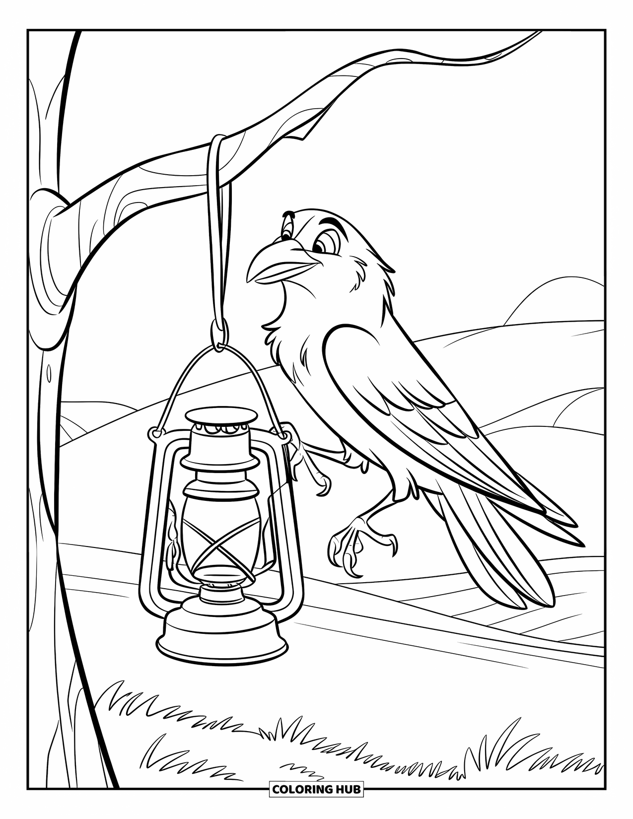 Crow Coloring Page for Kids: A crow grips a broken lantern on a quiet hillside