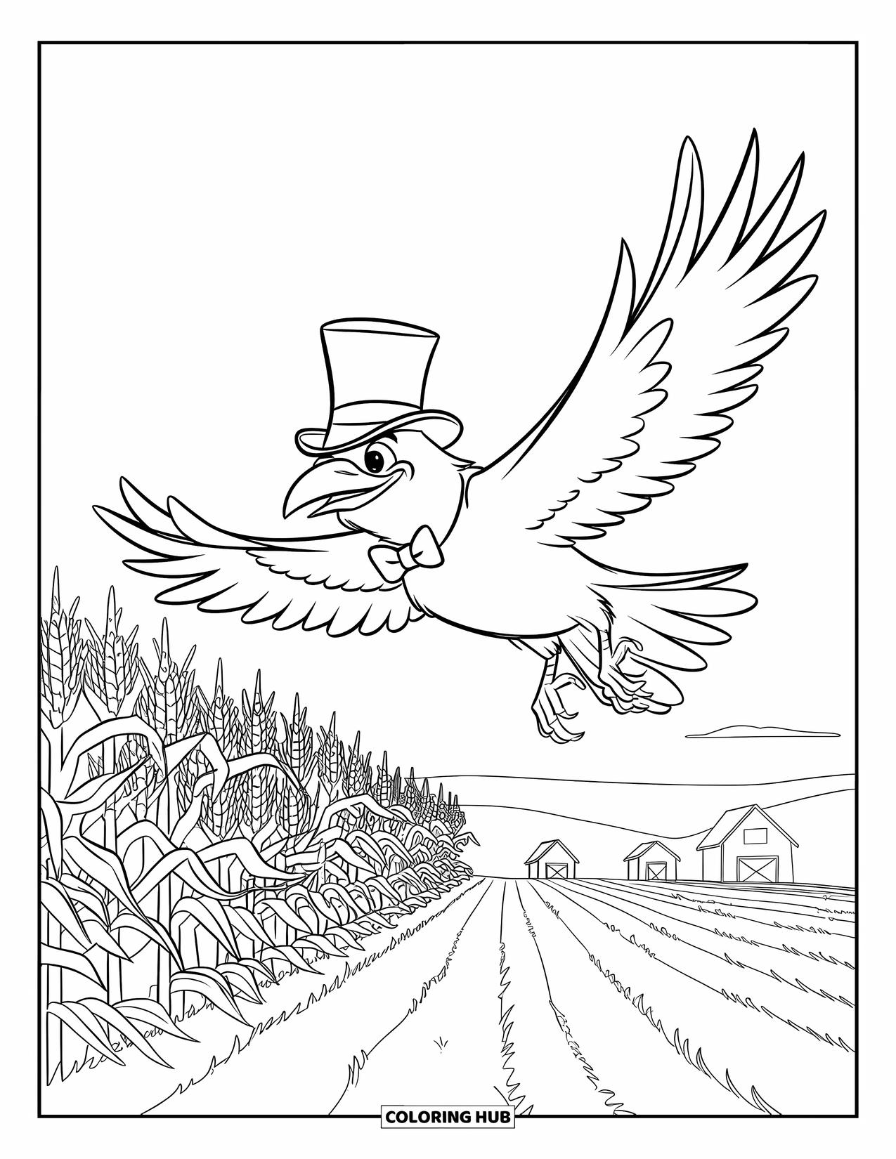 Crow Coloring Page for Kids: A crow in a tuxedo soars over fields toward little barns