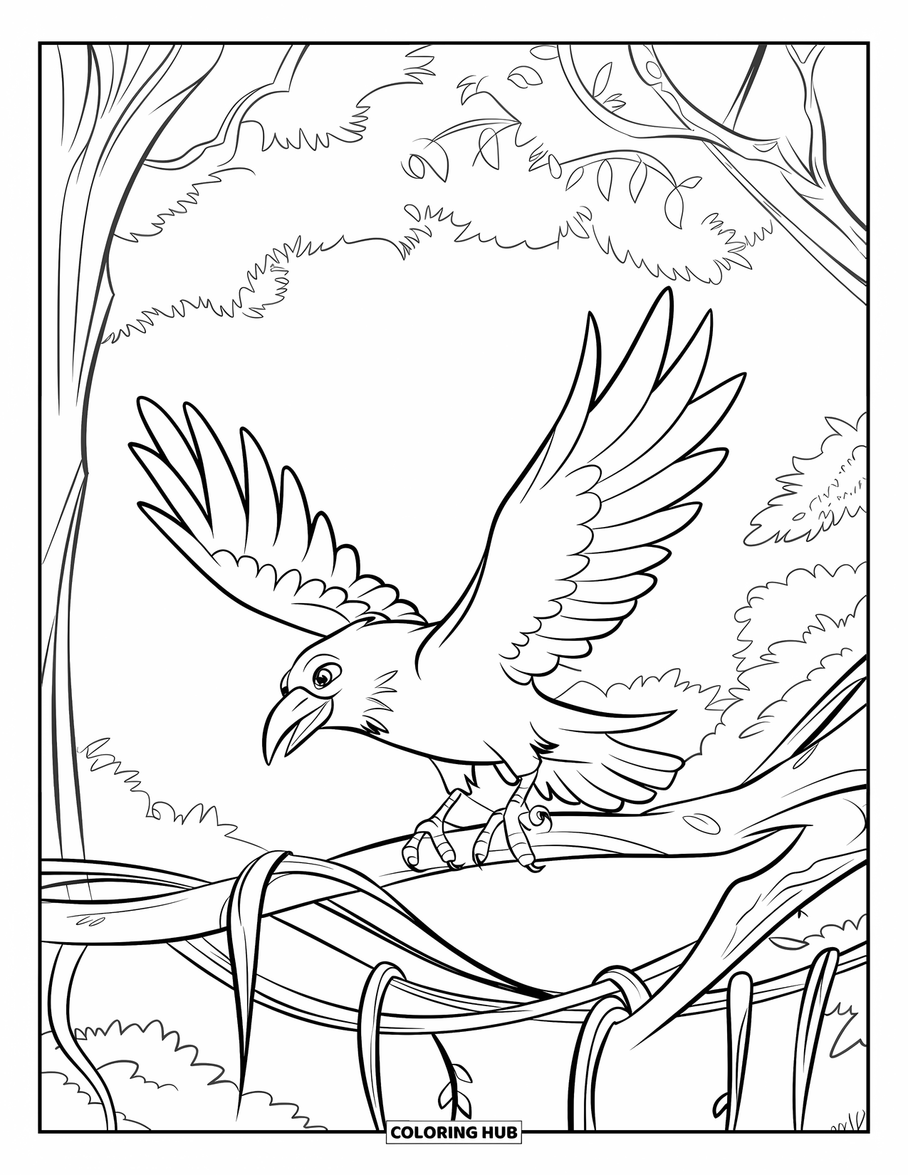 Crow Coloring Page for Kids: A crow lands on a branch wrapped in twisting vines