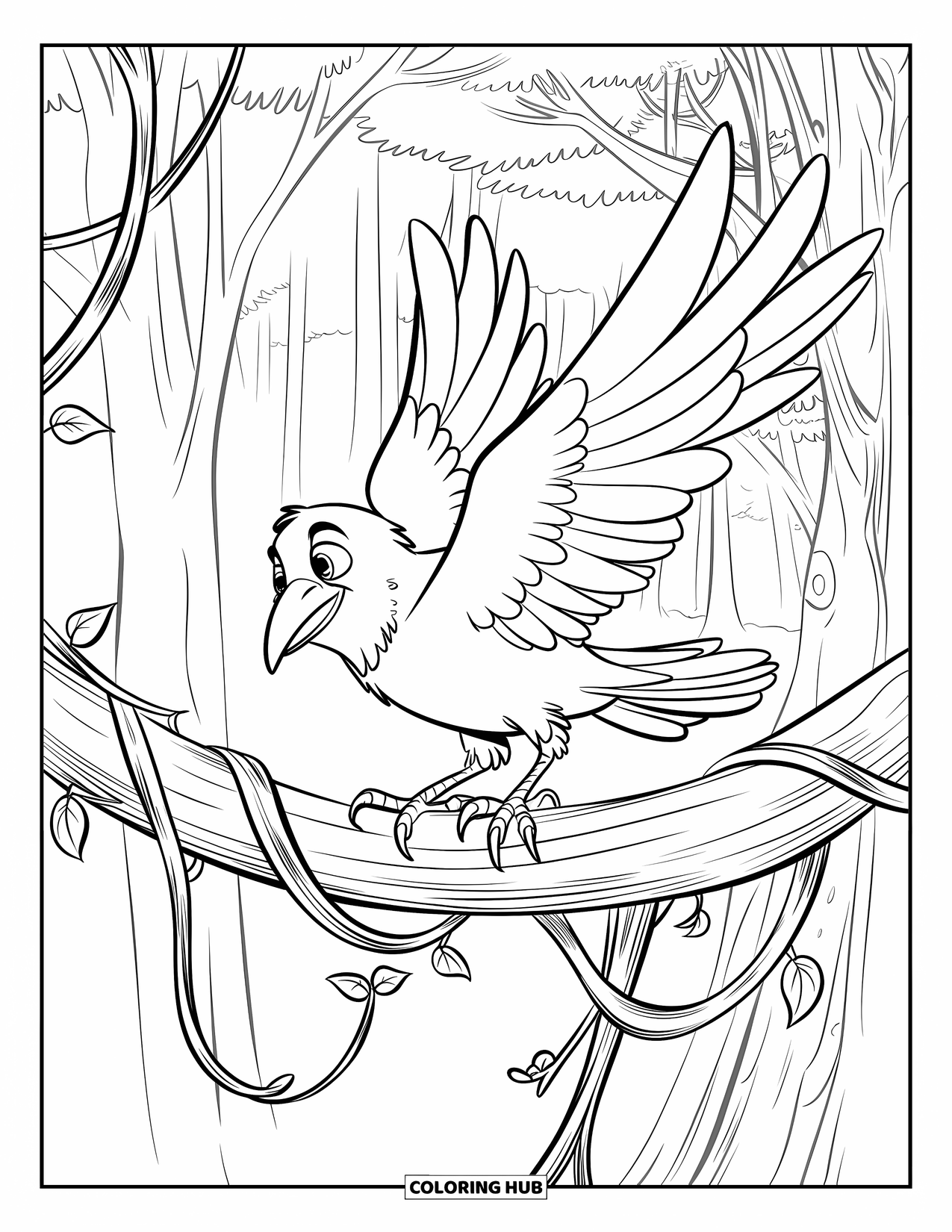 Crow Coloring Page for Kids: A crow lands on a thick vine branch in a calm forest