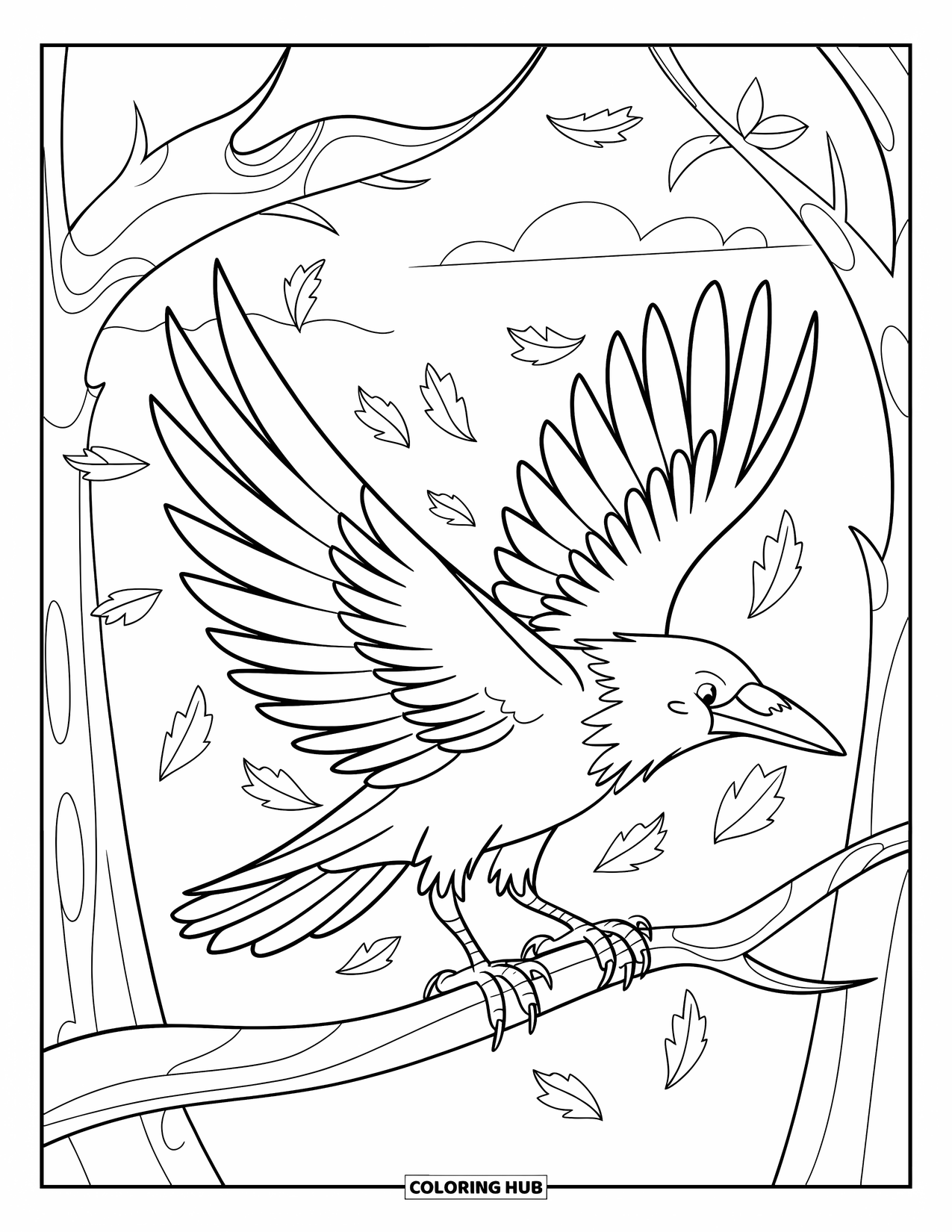 Crow Coloring Page for Kids: A crow on a branch watches leaves float through the air