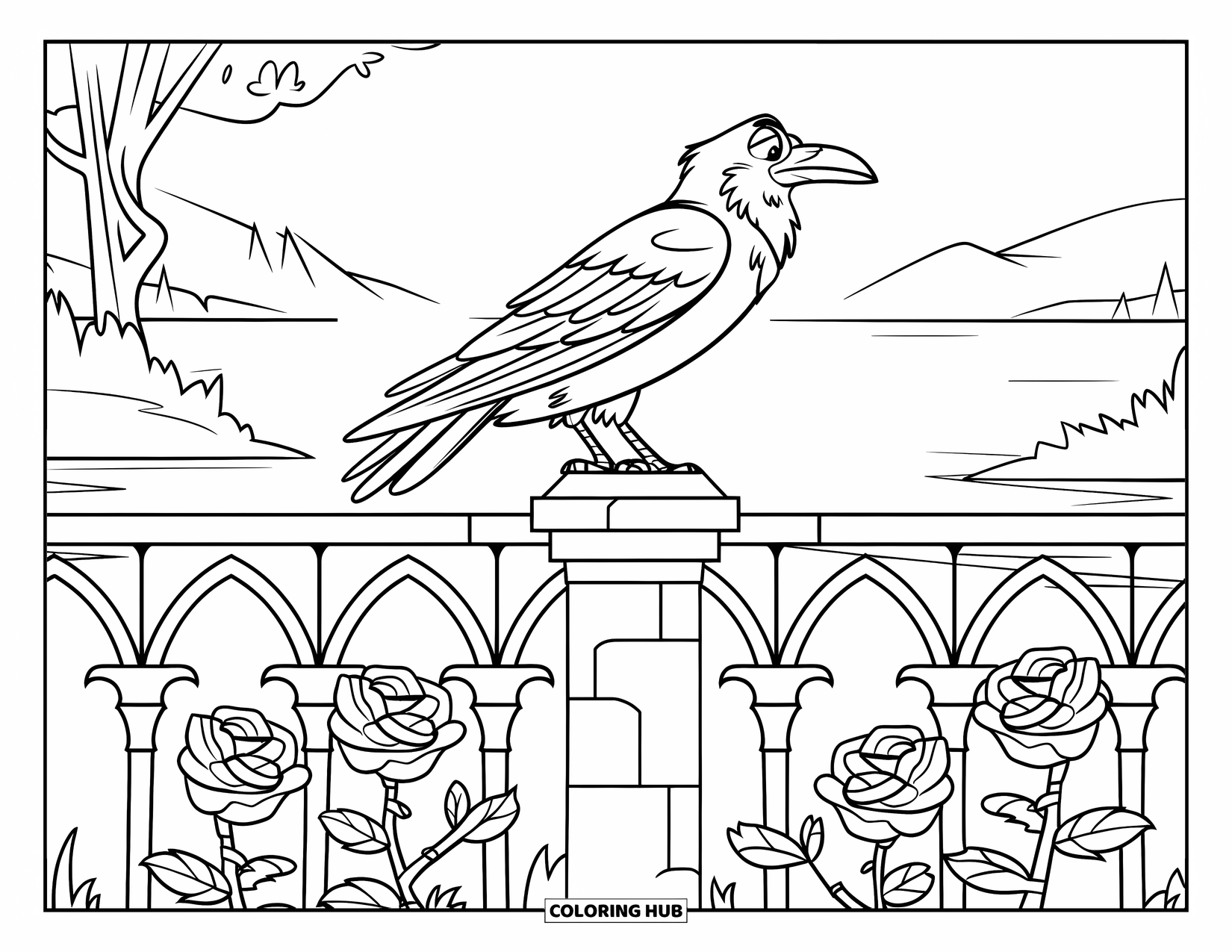 Crow Coloring Page for Kids: A crow perches on a fence above roses with mountains behind
