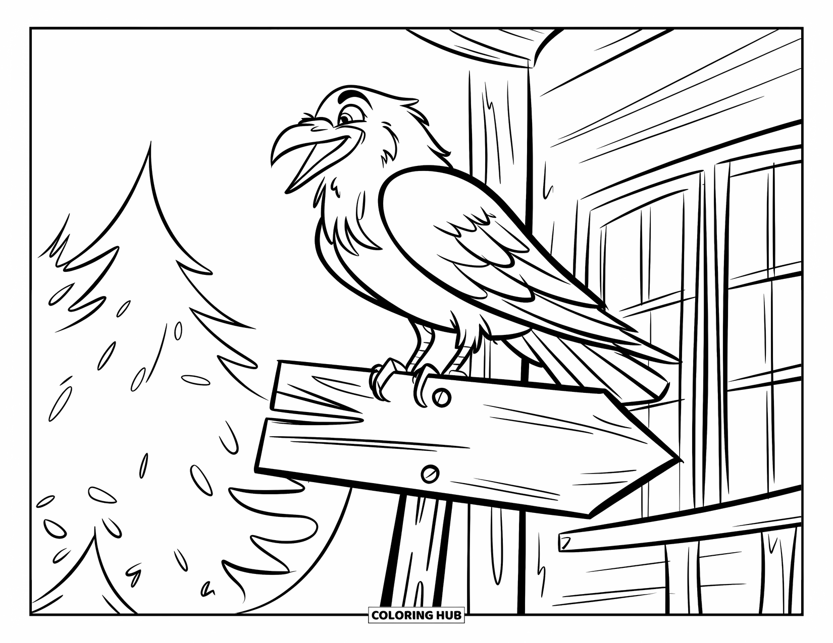 Crow Coloring Page for Kids: A crow rests on a crooked signpost beside a building