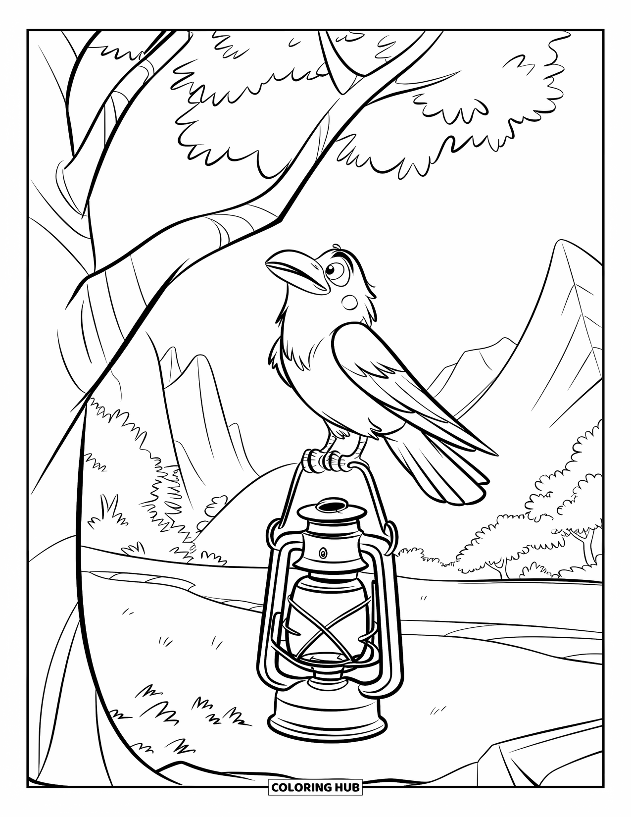 Crow Coloring Page for Kids: A crow sits on a broken lantern hanging from a tree