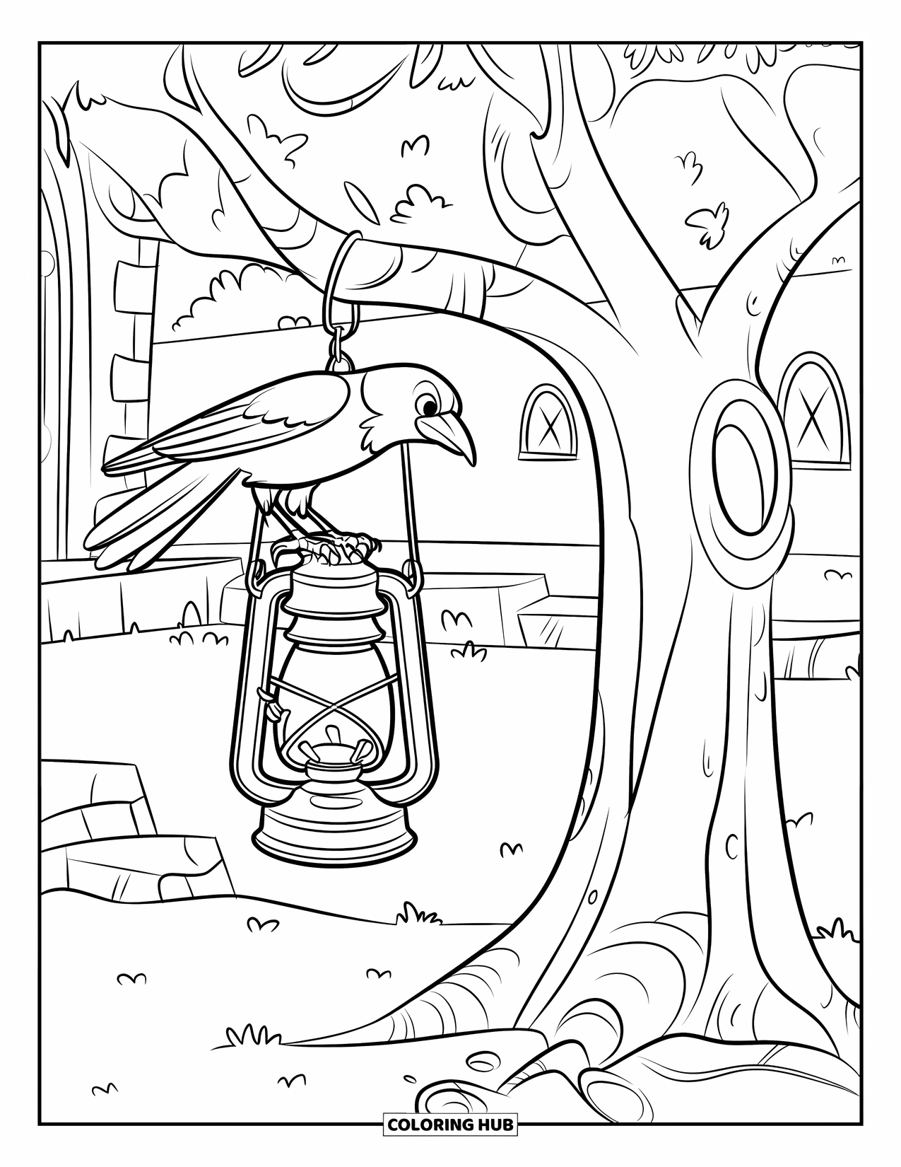 Crow Coloring Page for Kids: A crow sits on a lantern in a rocky park near a building