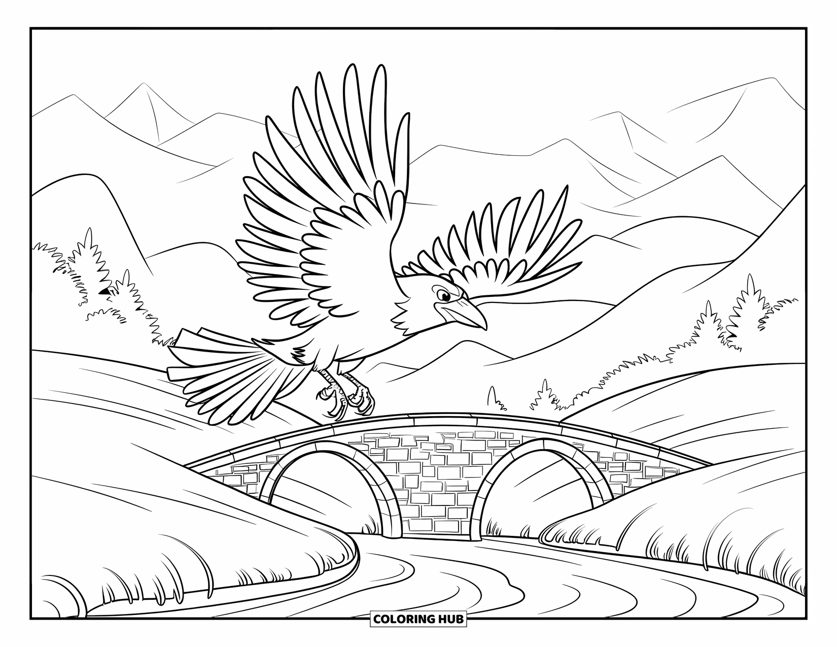 Crow Coloring Page for Kids: A crow soars over a curving river with misty mountains in view