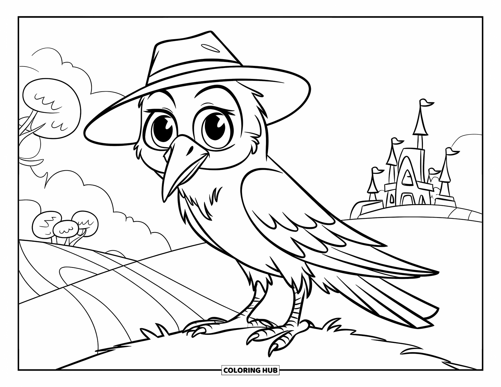 Crow Coloring Page for Kids: A crow with big eyes and a hat stands on a hill near a castle