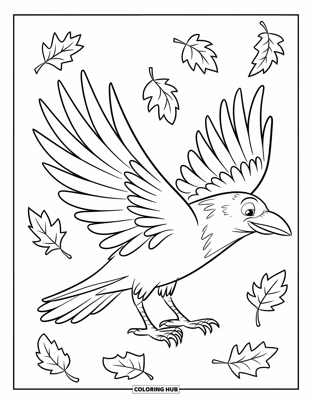 Crow Coloring Page for Kids: A crow with open wings is surrounded by swirling autumn leaves