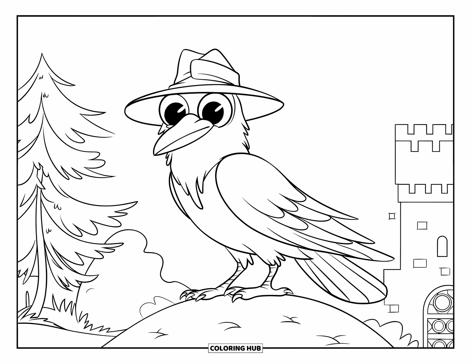 Crow Coloring Page for Kids: A curious crow in a hat stands tall on a hill near trees