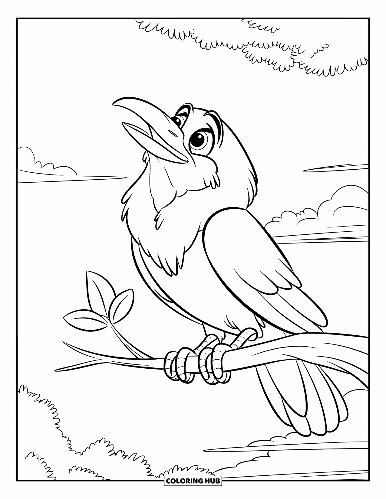 Crow Coloring Page for Kids: A curious crow looks up while sitting on a thin branch with one leaf
