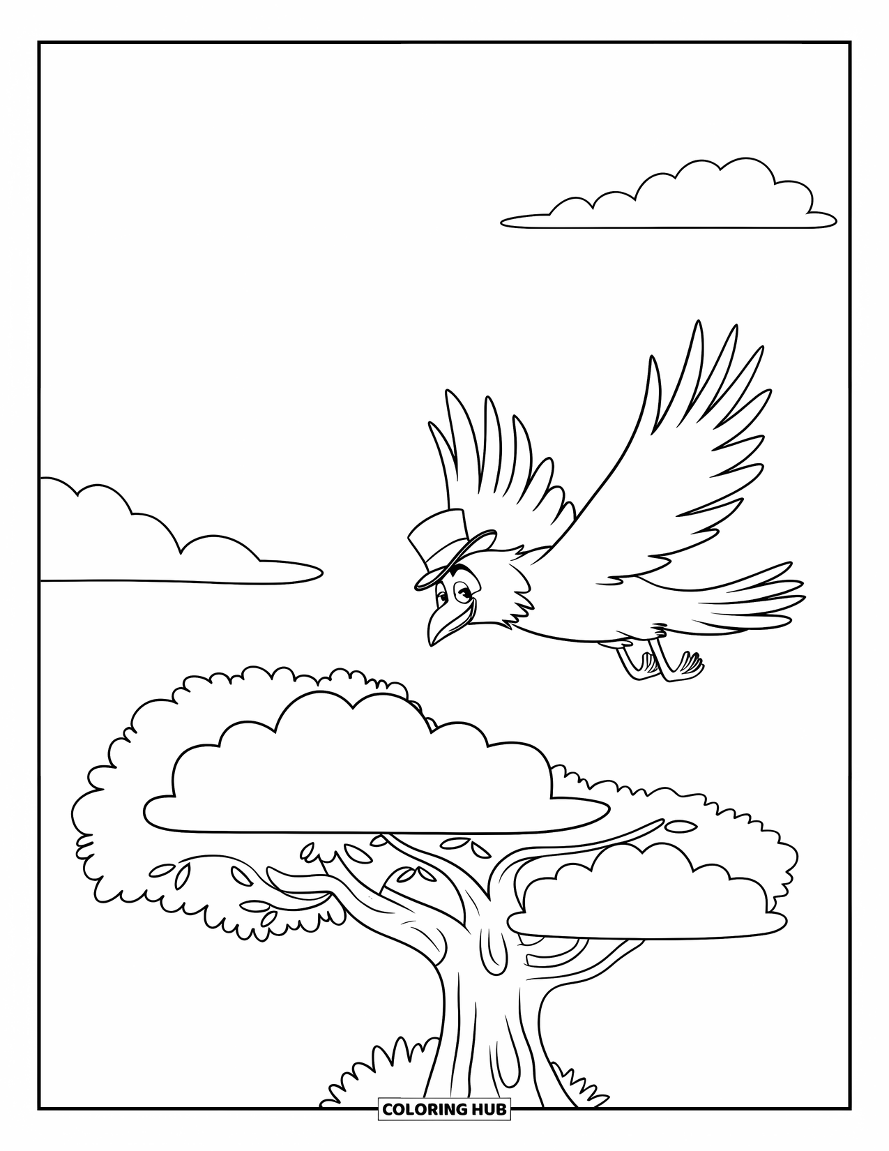 Crow Coloring Page for Kids: A flying crow in a top hat passes above a tree and big clouds