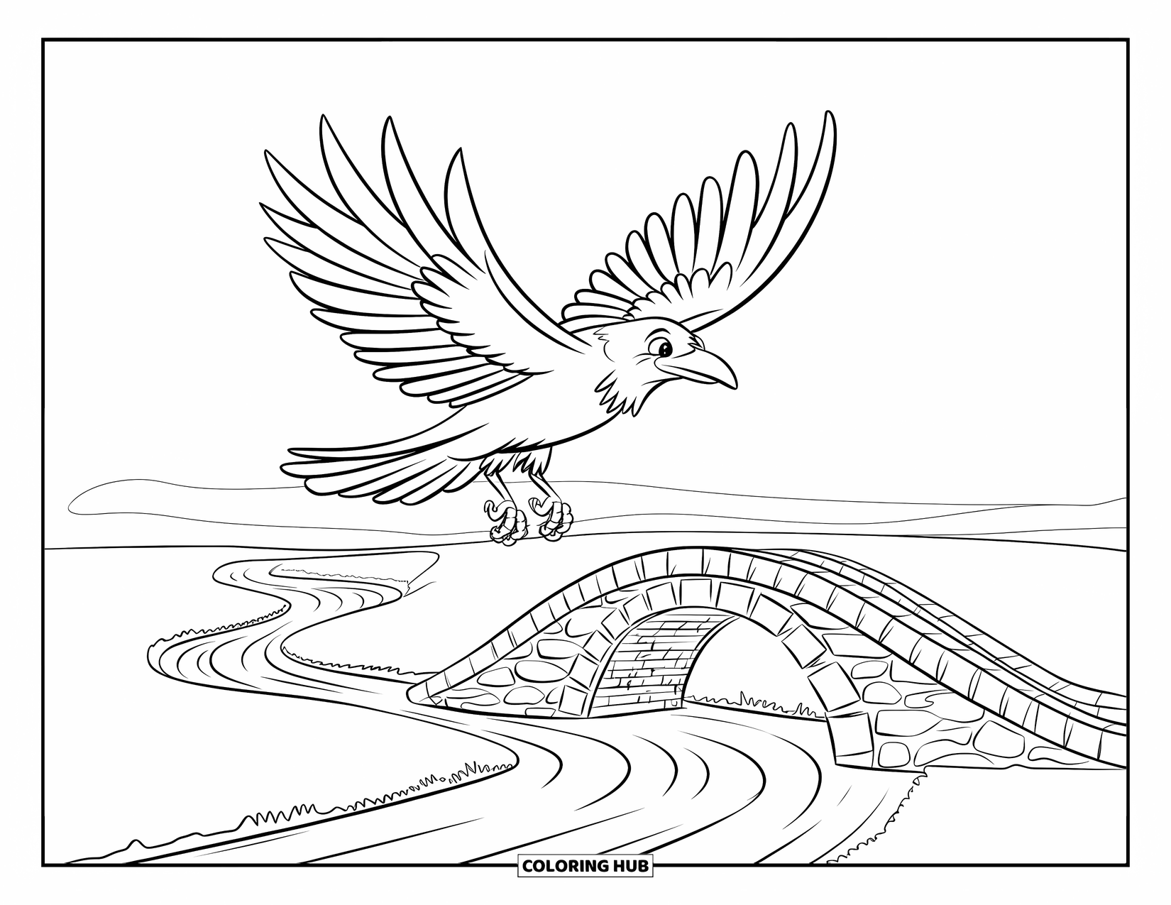 Crow Coloring Page for Kids: A graceful crow flies above a quiet river and rustic bridge