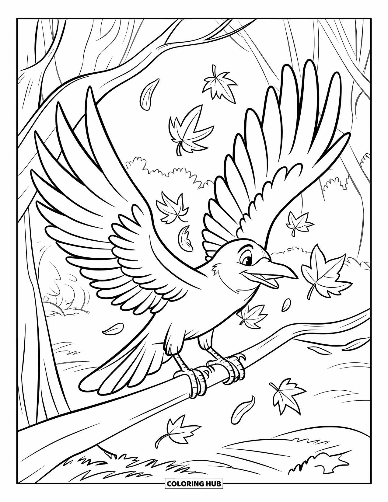 Crow Coloring Page for Kids: A perched crow is surrounded by swirling leaves in the forest