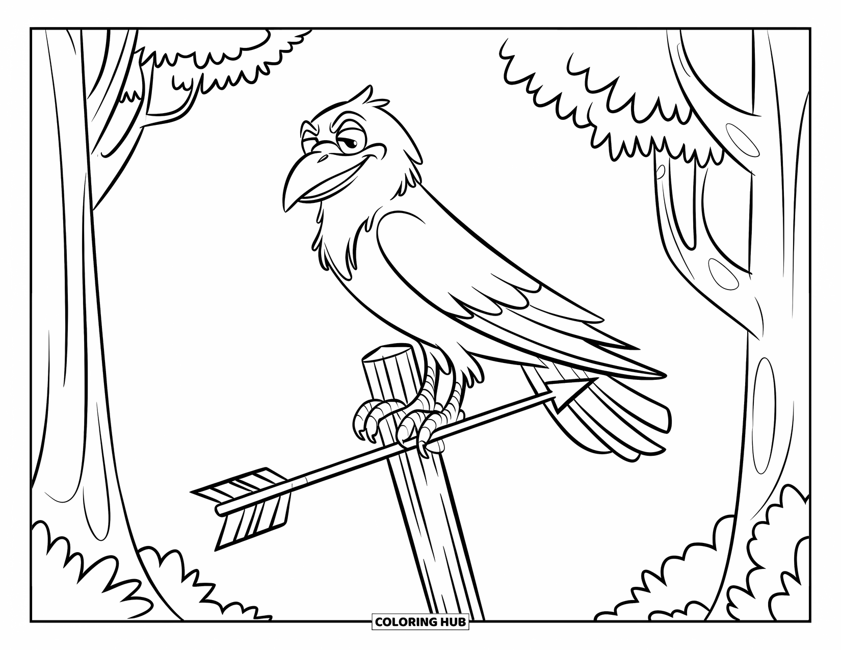 Crow Coloring Page for Kids: A smiling crow sits on a tilted signpost in a forest