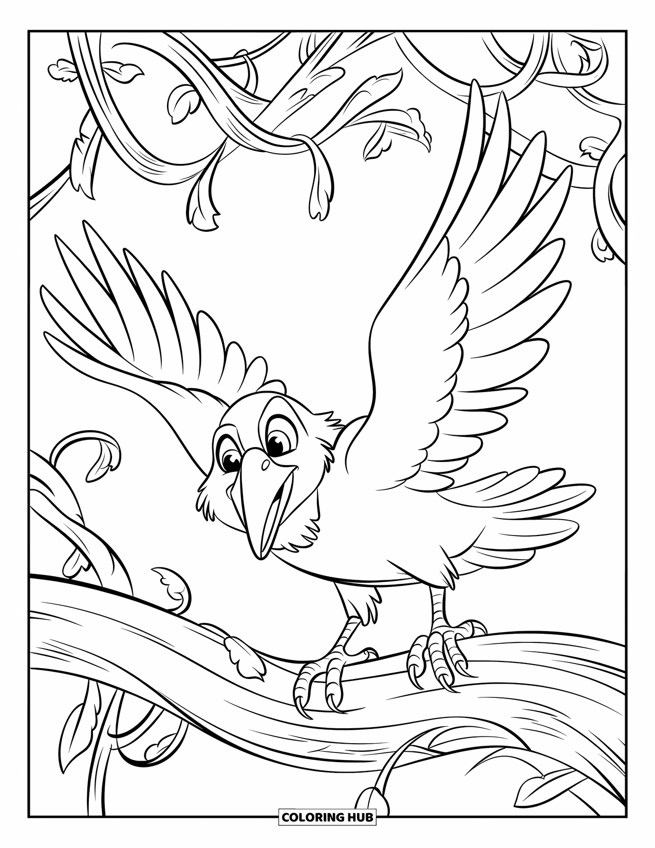 Crow Coloring Page for Kids: A wide-eyed crow settles on a branch of curling vines