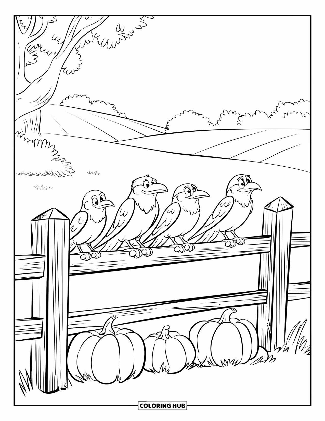 Crow Coloring Page for Kids: Crows gather on a fence above a row of pumpkins