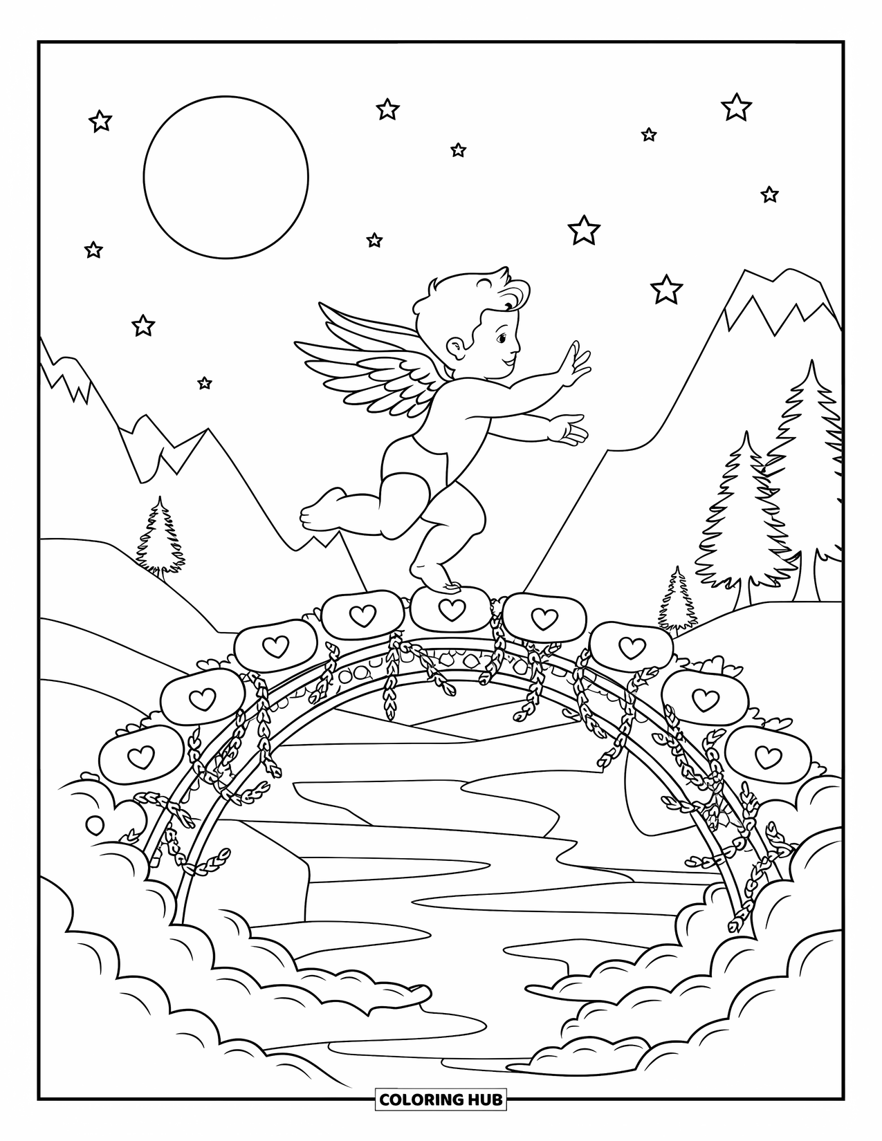 Cupid Coloring Page for Adults: Cupid crosses a vine bridge beneath a starry, moonlit sky and mountains