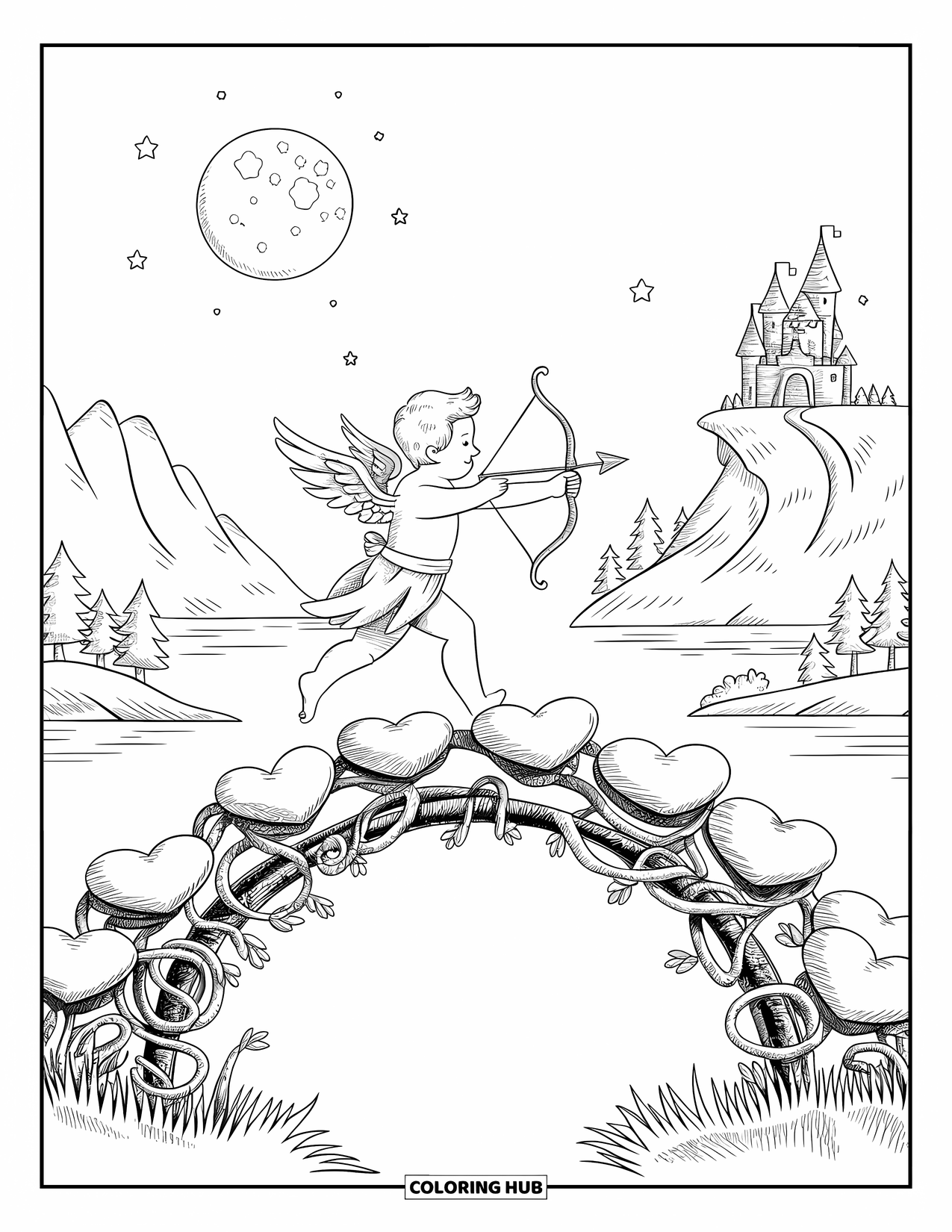 Cupid Coloring Page for Adults: Cupid crosses a vine-woven bridge leading to a castle under a glowing full moon