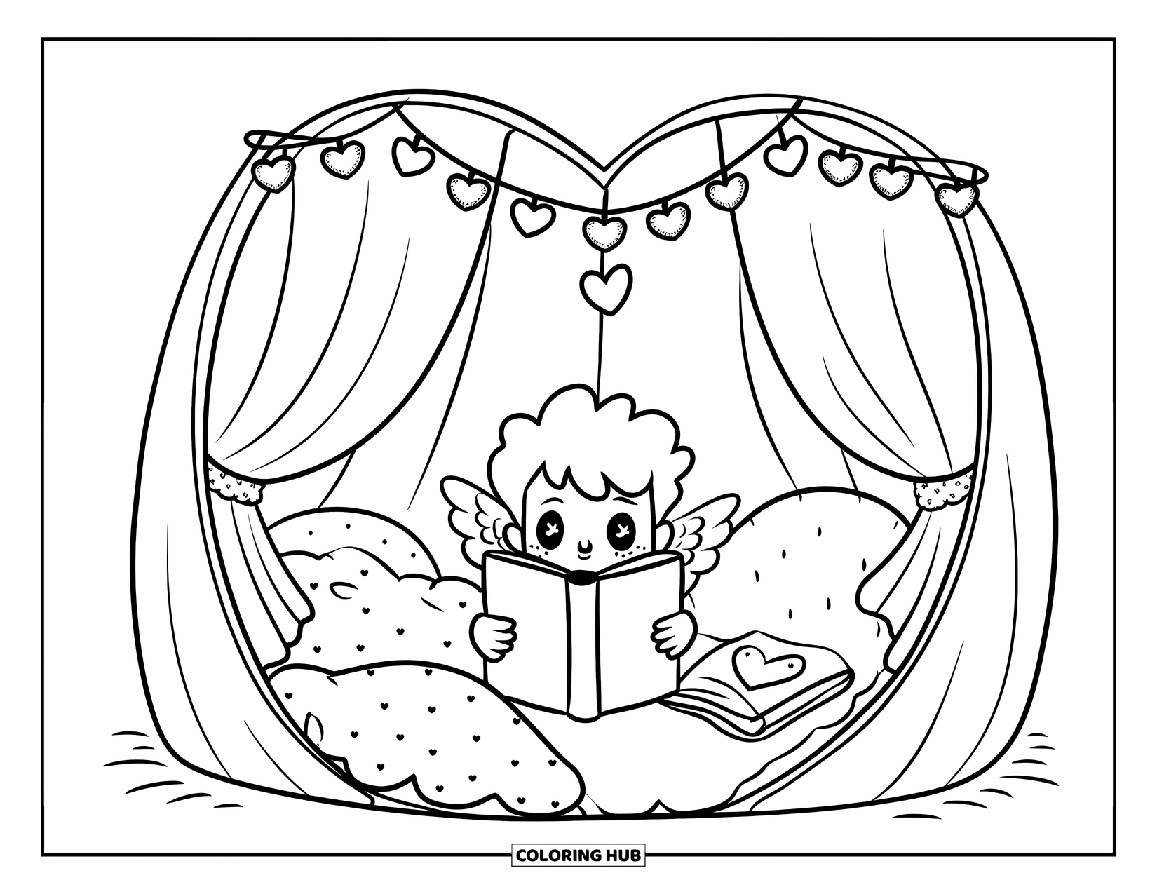 Cupid Coloring Page for Adults: Cupid hides behind a curtain in a cozy heart-shaped play tent