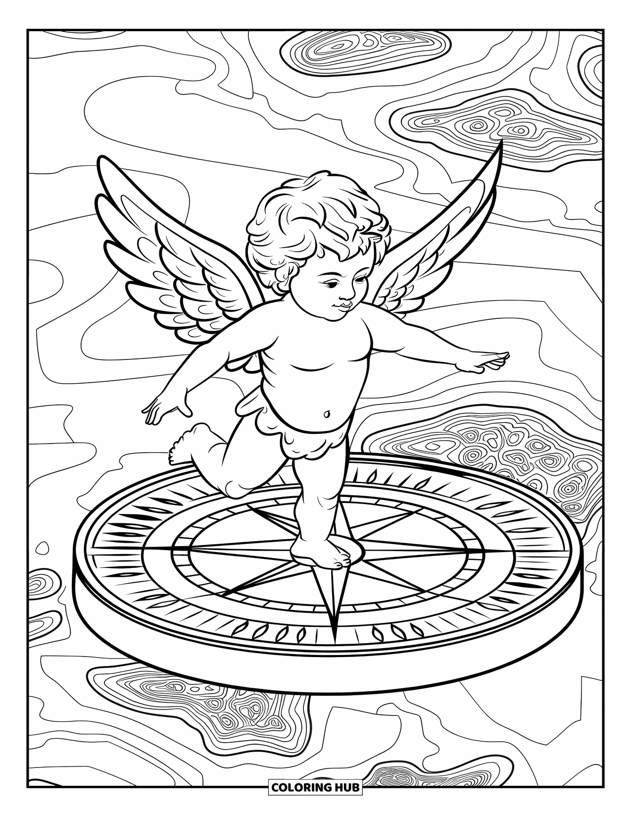 Cupid Coloring Page for Adults: Cupid on a floating compass surrounded by intricate maps of love islands