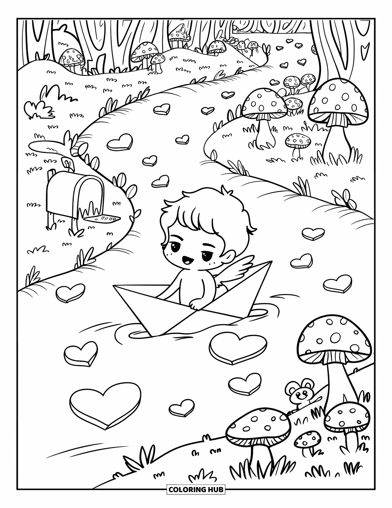 Cupid Coloring Page for Adults: Cupid rides a paper boat past mushrooms and waving forest animals