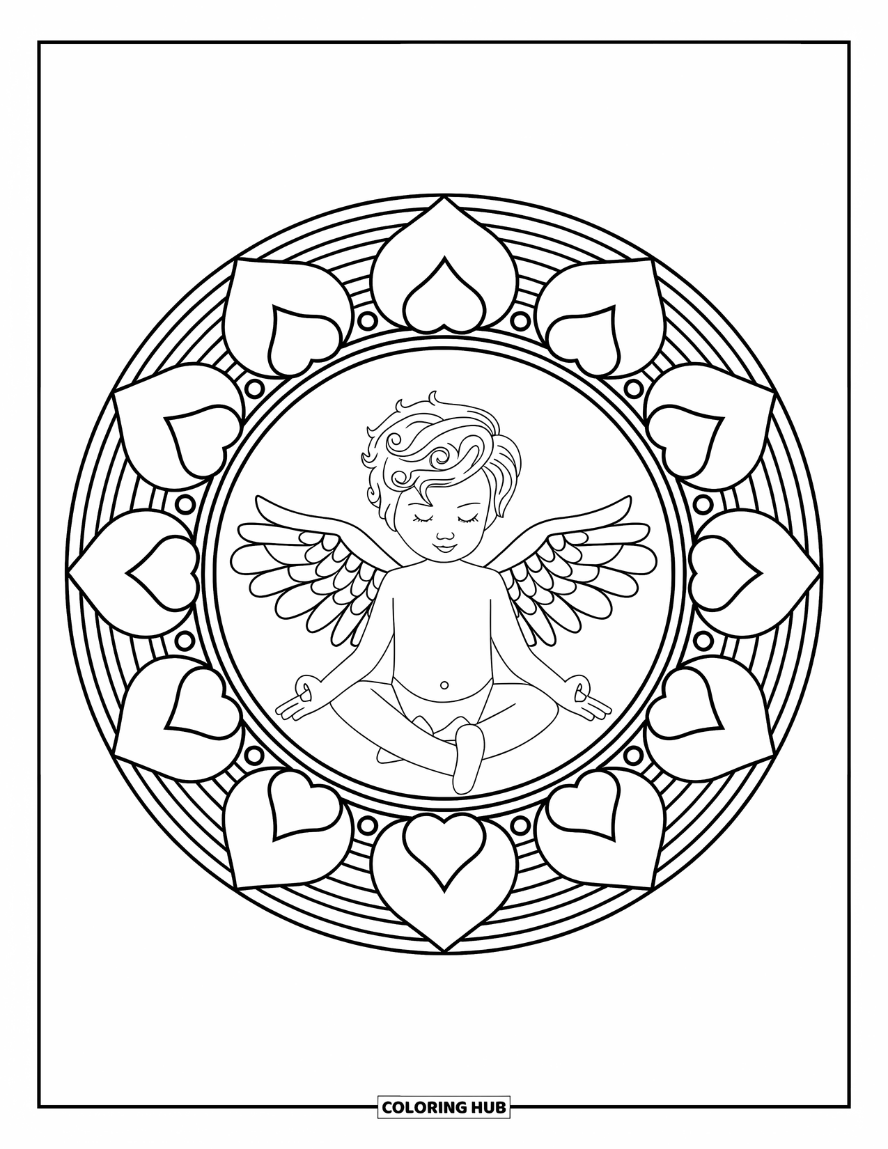 Cupid Coloring Page for Adults: Cupid sits in a mandala-filled temple surrounded by artistic heart patterns