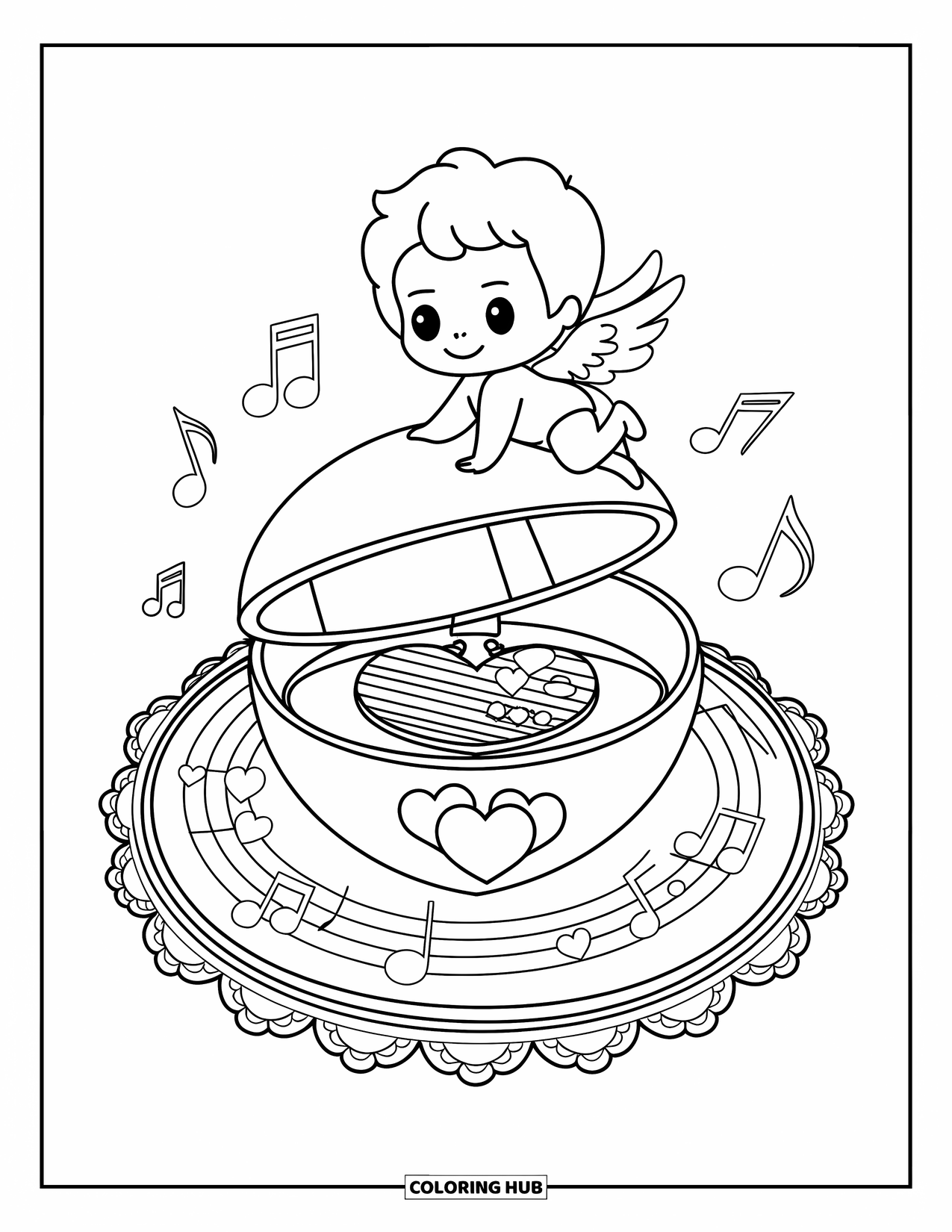 Cupid Coloring Page for Adults: Cupid sits on a heart music box with lace edges and swirling musical notes