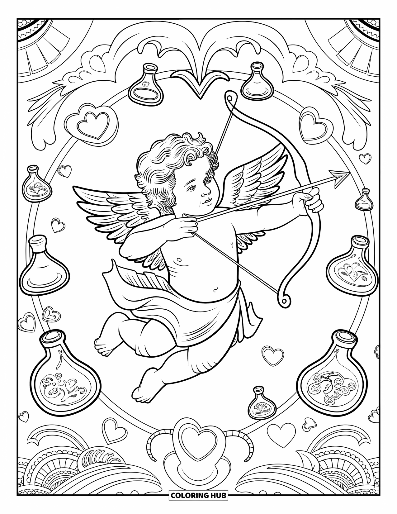 Cupid Coloring Page for Adults: Cupid stands with a bow among alchemical symbols and heart-shaped potion bottles