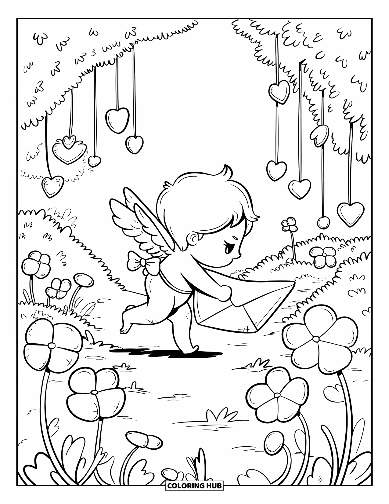 Cupid Coloring Page for Adults: Cupid walks softly through a lush garden carrying a large envelope