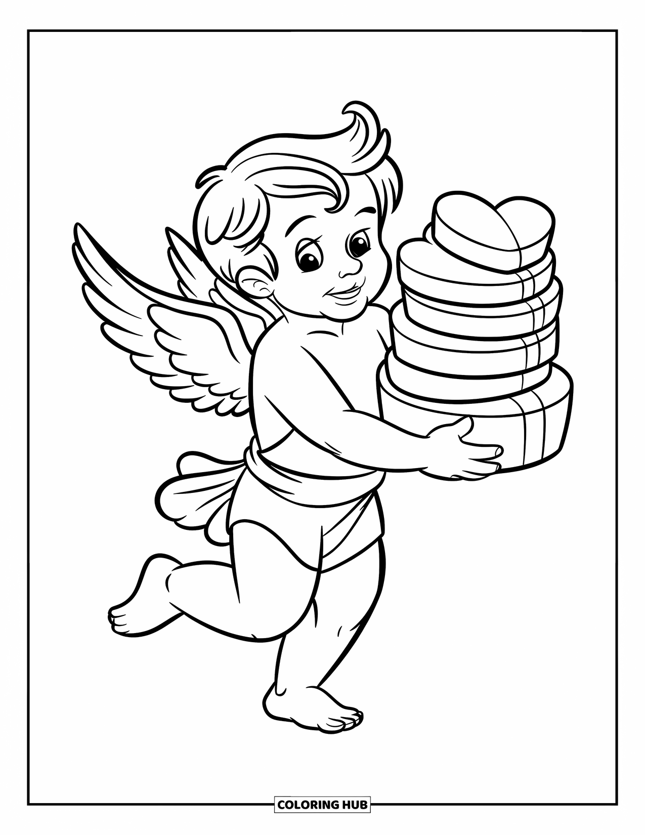 Cupid Coloring Page for Kids: Cupid balances a pile of heart-shaped gift boxes in his arms