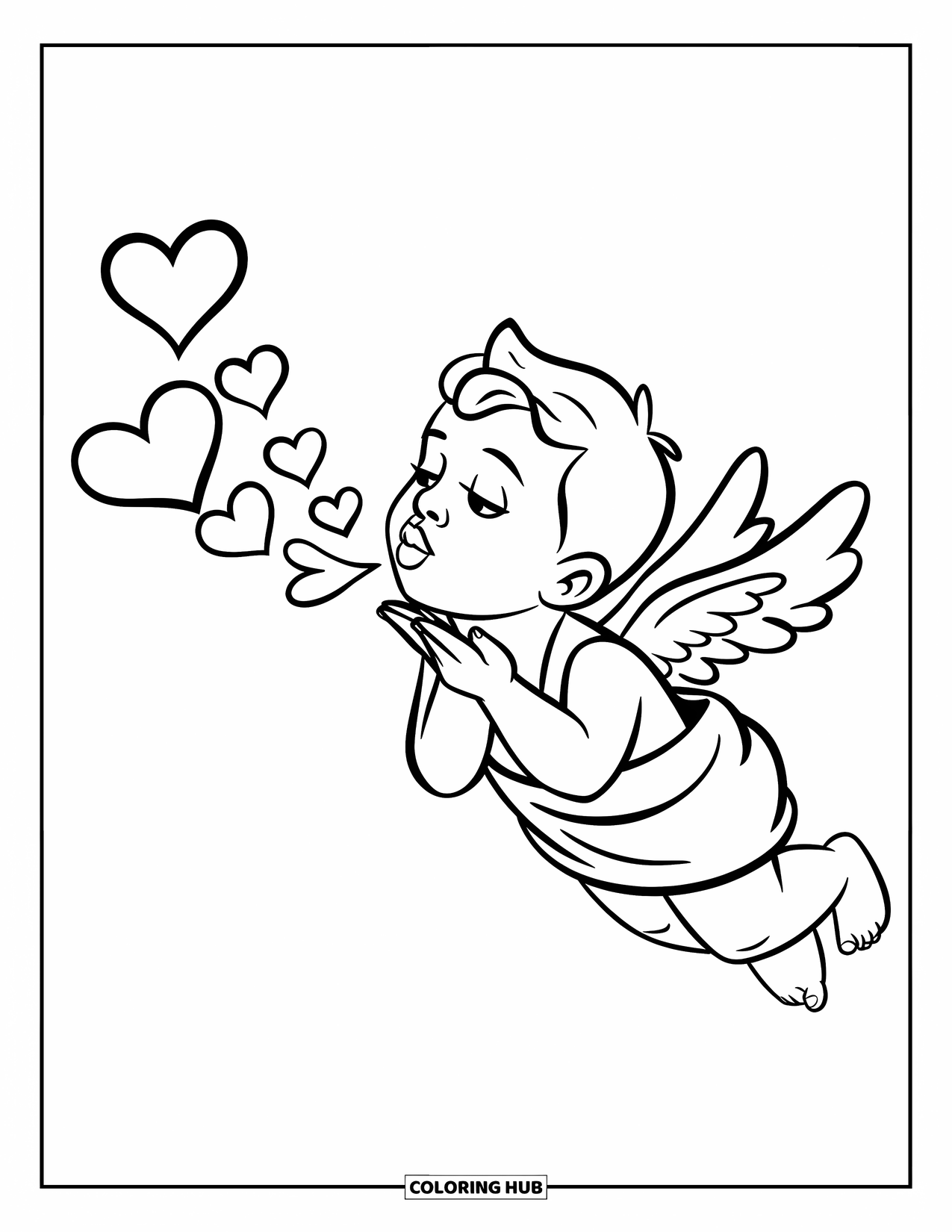 Cupid Coloring Page for Kids: Cupid blows kisses that transform into heart shapes
