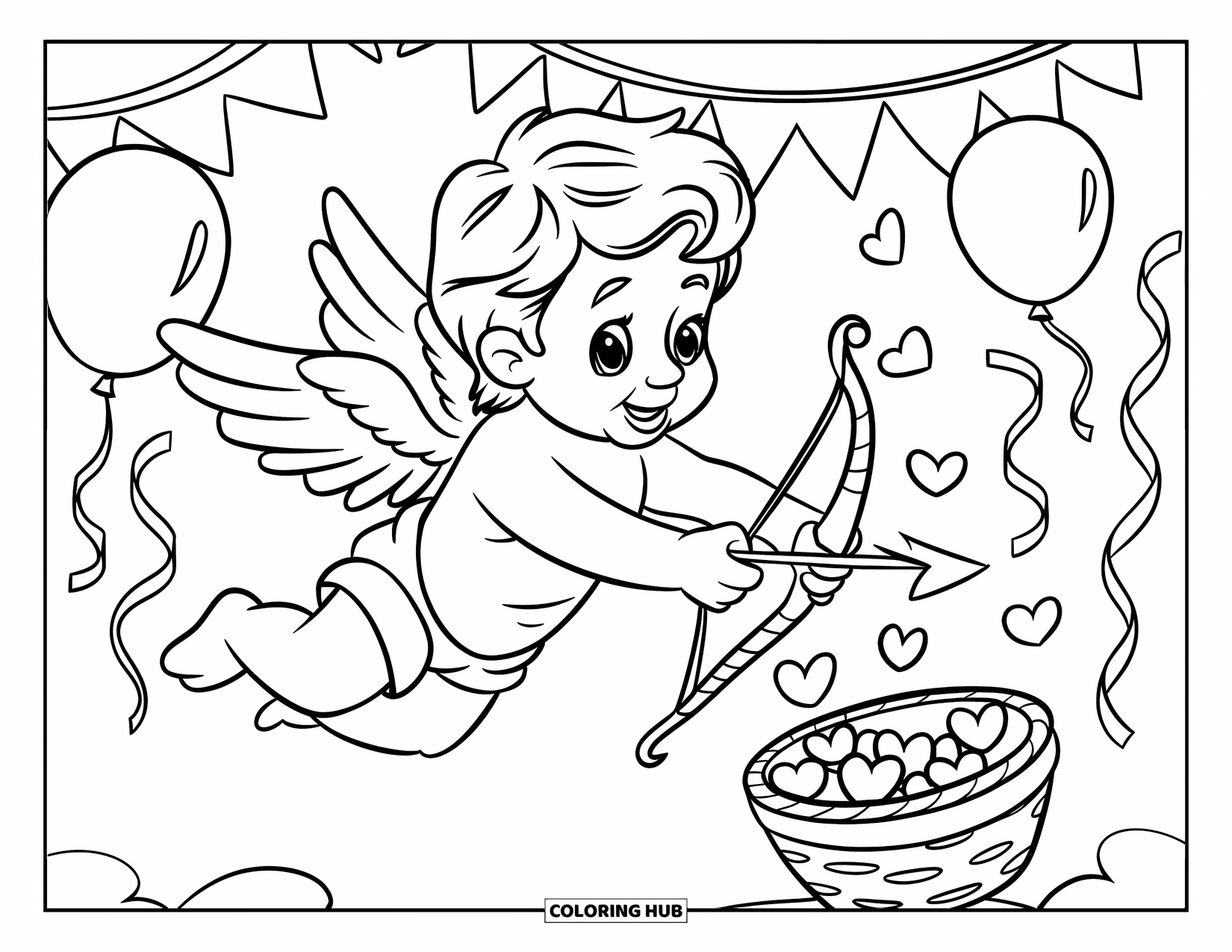 Cupid Coloring Page for Kids: Cupid collects heart confetti at a lively party with balloons and streamers