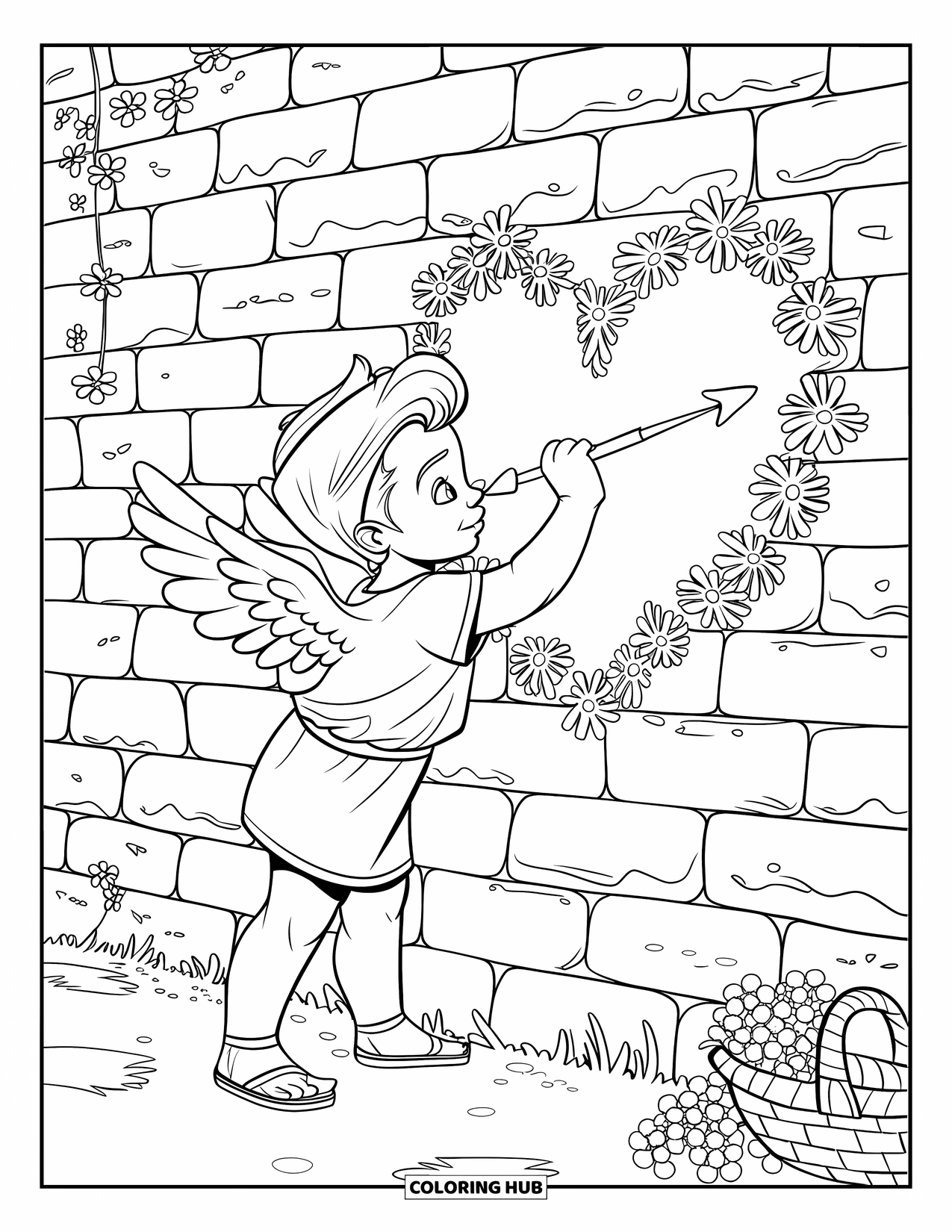 Cupid Coloring Page for Kids: Cupid draws a heart graffiti beside flowers and a basket near the wall