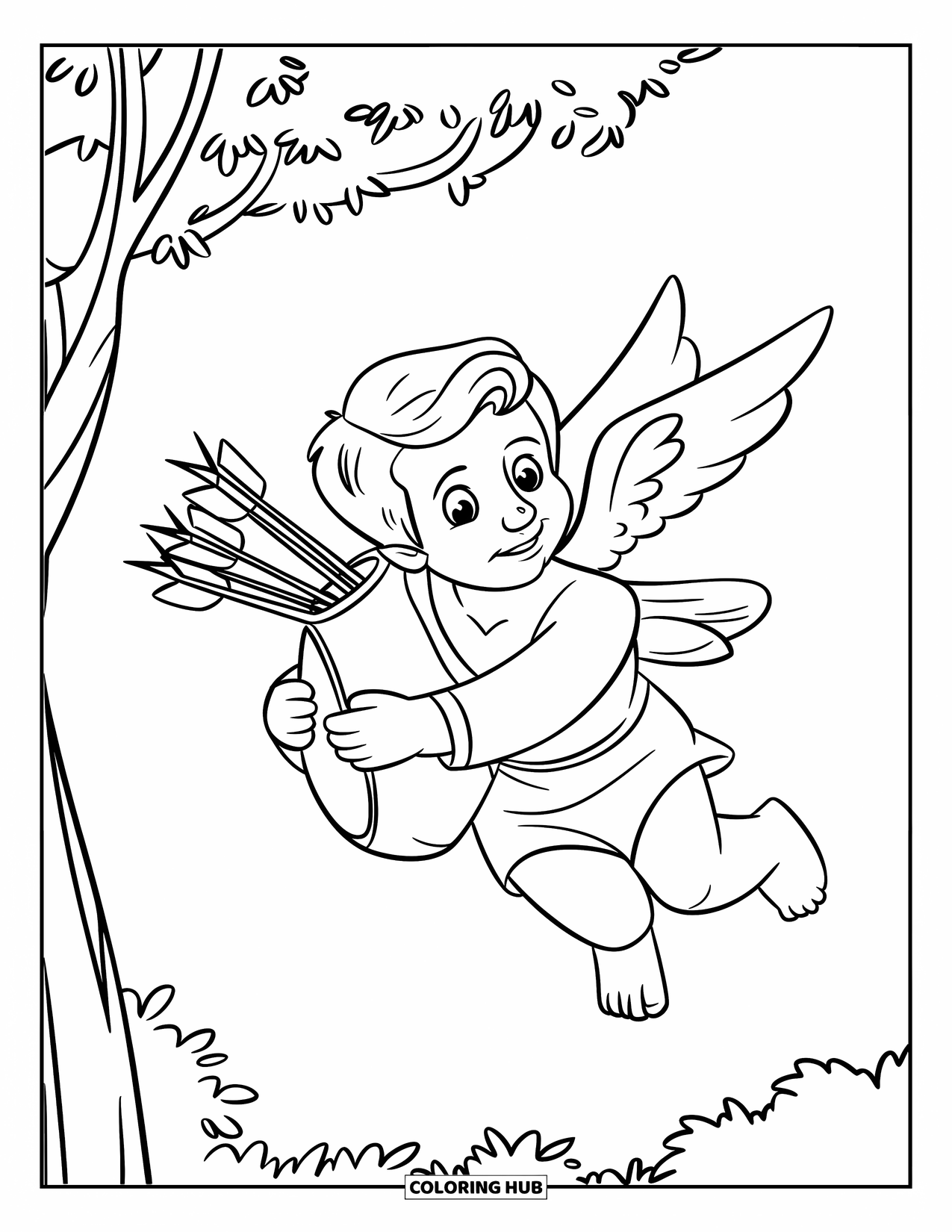 Cupid Coloring Page for Kids: Cupid flies high over trees carrying a quiver of heart-tipped arrows