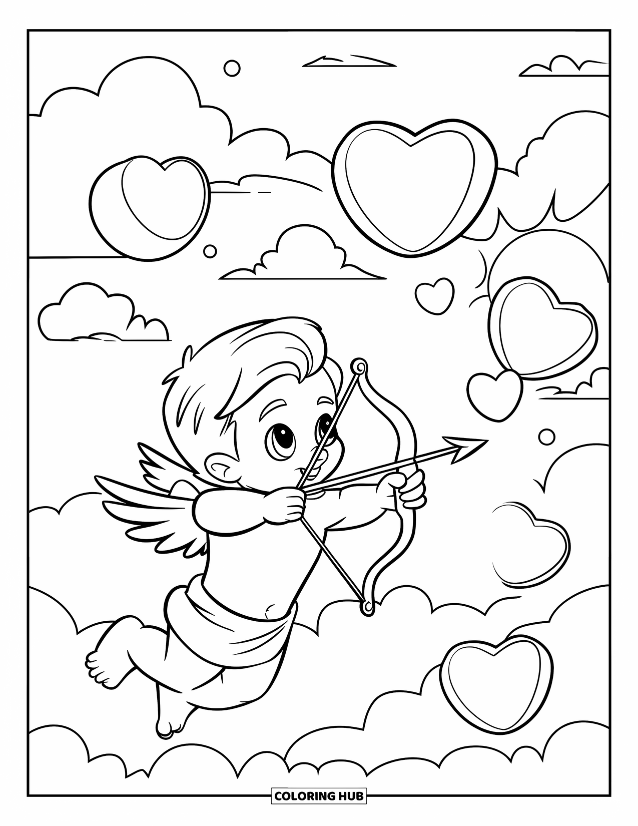 Cupid Coloring Page for Kids: Cupid floats upward, letting heart-shaped lanterns rise into the sky