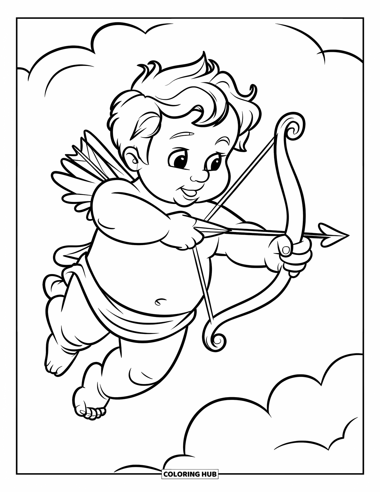 Cupid Coloring Page for Kids: Cupid holds a bow and one heart arrow while resting on a cloud